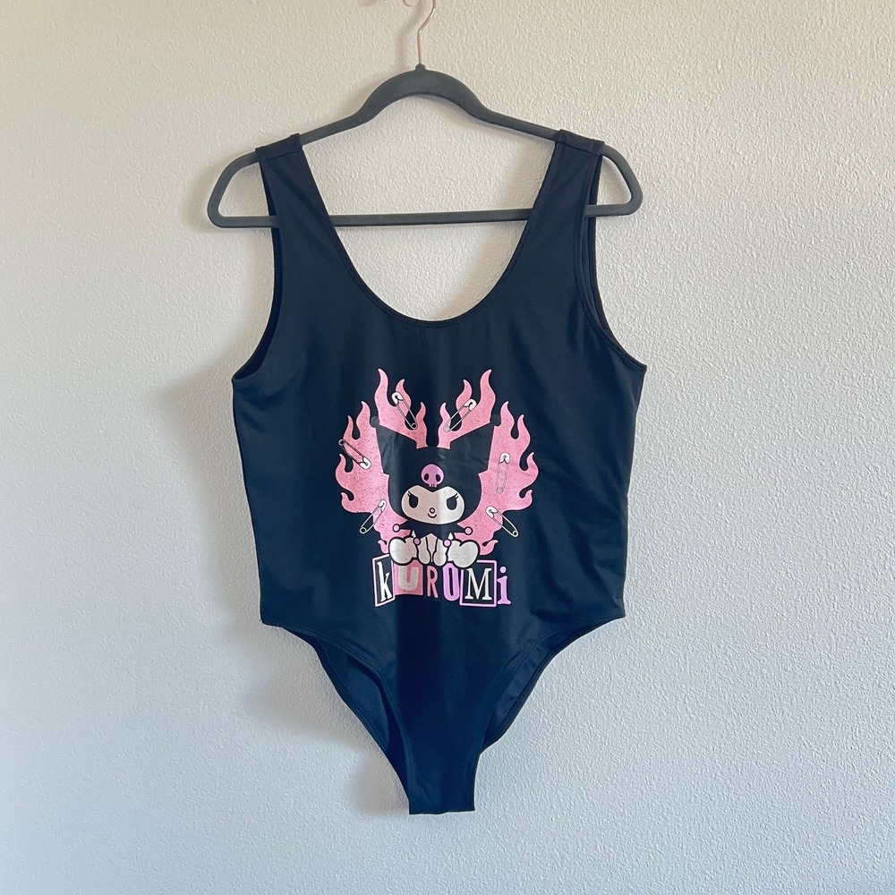 Sanrio Kuromi Black/Pink Flame Graphic Sleeveless Bodysuit XL Mall Goth Punk Y2K